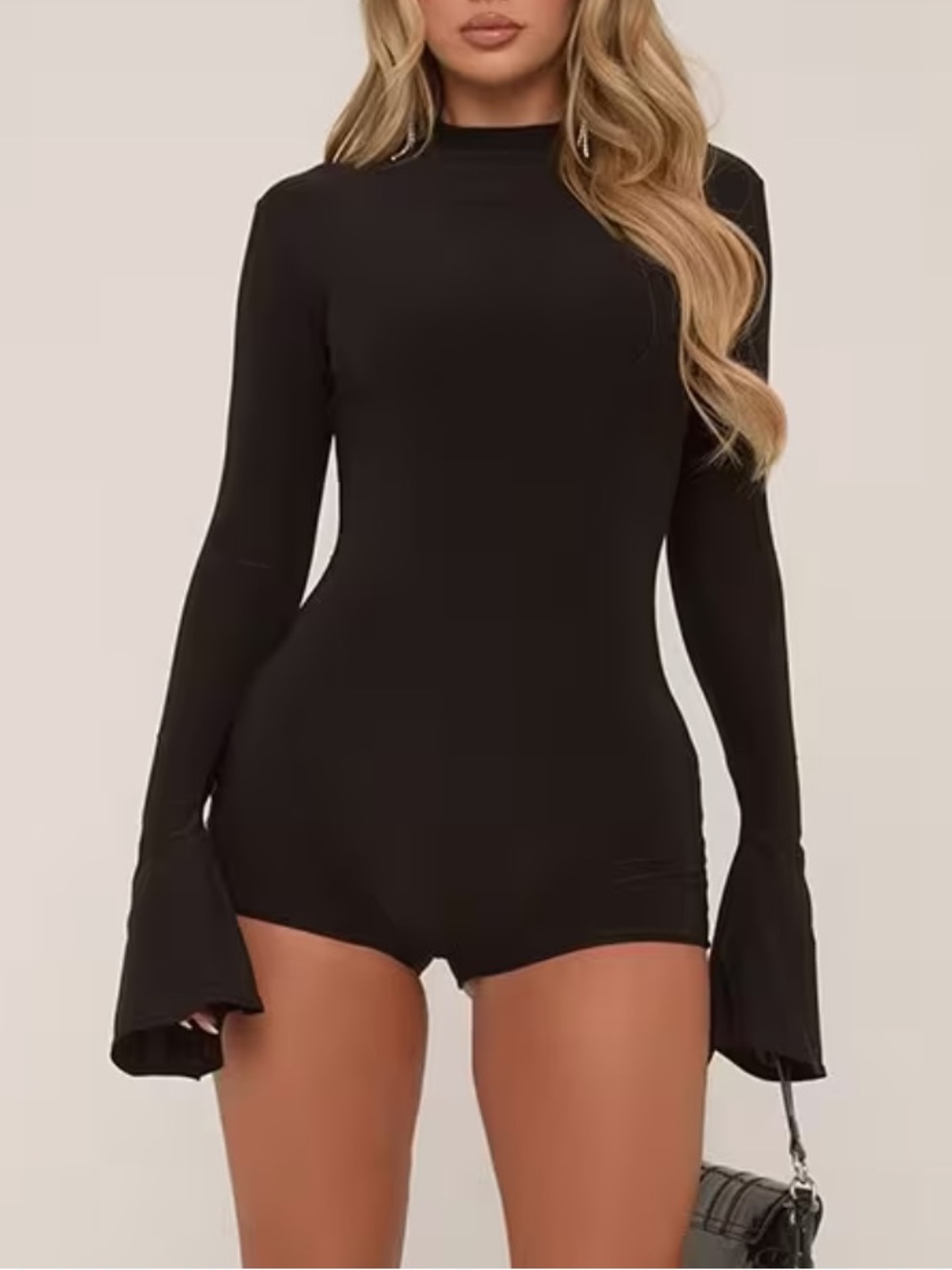 EGO Long Flute Sleeve Playsuit In Black Slinky
